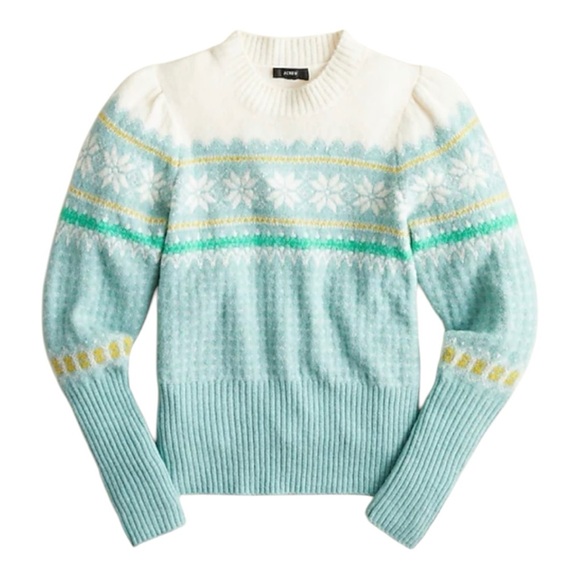 J. CREW Fair Isle Puff Sleeve Crew Neck Merino Wool Blend Sweater M - Picture 1 of 10